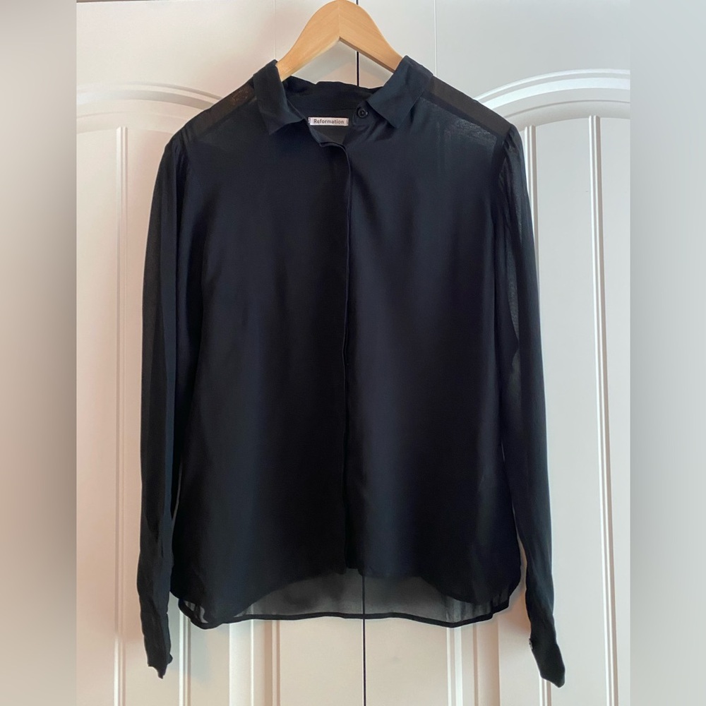 Reformation Black Sheer Long-Sleeve Button-Up Blouse Small Medium
